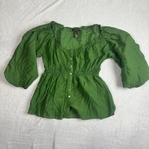 Fei‎ Green Long Sleeve Romper Women's Blouse Top Size 2 Button Up